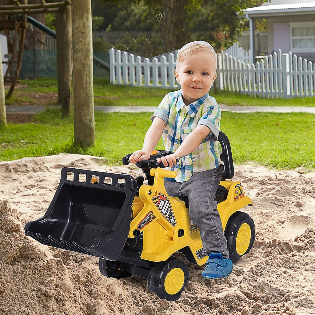 Kids Ride On Excavator Toy, Yellow Pull Cart Bulldozer With Bucket, Horn, Steering Wheel, For Toddler