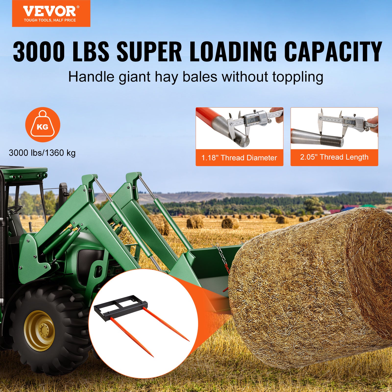 VEVOR 49in Hay Spear, Bale Spears 3000lbs Loading Capacity, Skid Steer Loader Tractor Bucket Attachment With 2pcs 17.5in Stabilizer Spears And 60in Chain, Quick Attach Spike Forks