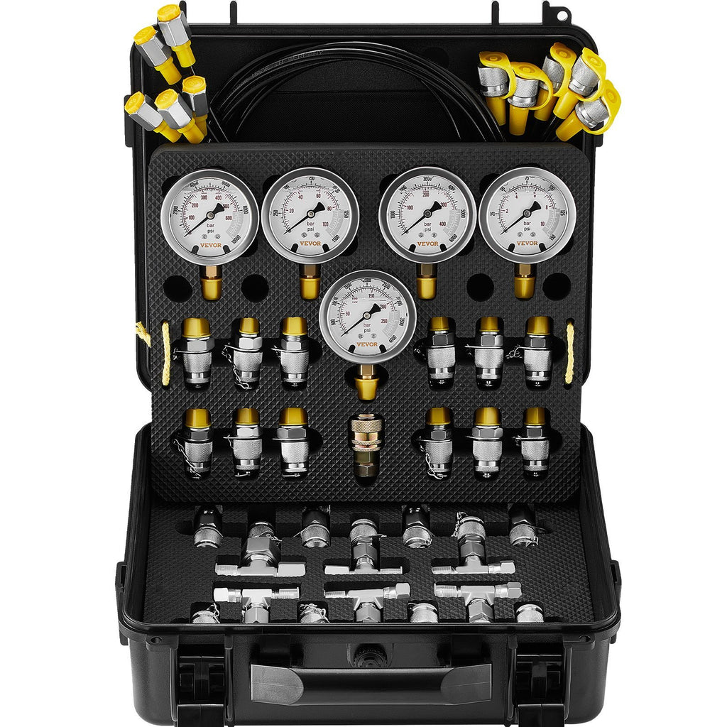 Hydraulic Pressure Test Kit, 10/100/250/400/600bar, 5 Gauges 13 Couplings 14 Tee Connectors 5 Test Hoses, Excavator Hydraulic Test Gauge Set With Carrying Case For Excavator Tractors Machinery