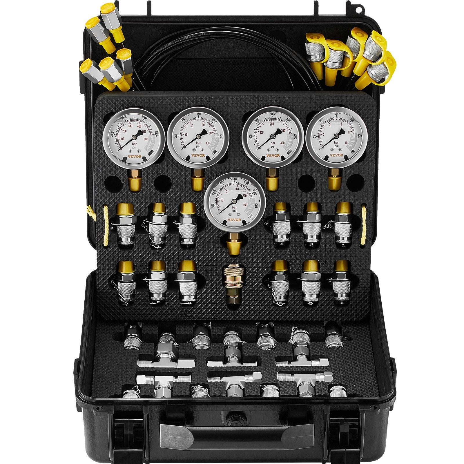 Hydraulic Pressure Test Kit, 10/100/250/400/600bar, 5 Gauges 13 Couplings 14 Tee Connectors 5 Test Hoses, Excavator Hydraulic Test Gauge Set With Carrying Case For Excavator Tractors Machinery