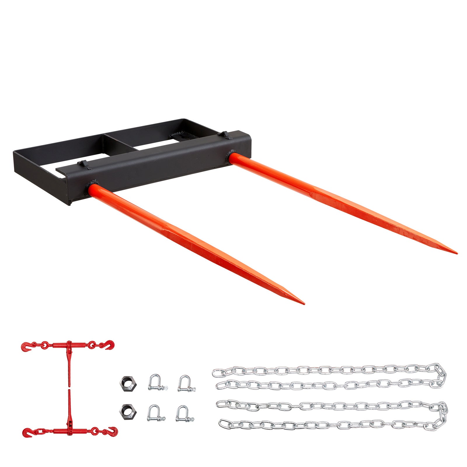 VEVOR 49in Hay Spear, Bale Spears 3000lbs Loading Capacity, Skid Steer Loader Tractor Bucket Attachment With 2pcs 17.5in Stabilizer Spears And 60in Chain, Quick Attach Spike Forks