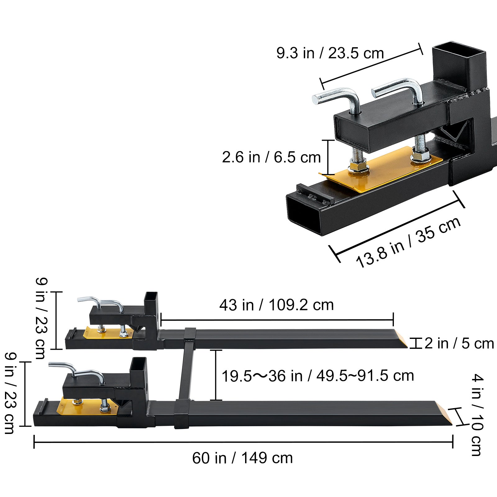 VEVOR  Pallet Forks, 4000 Lbs Clamp On Pallet Forks, 60inch Total Length Heavy Duty Pallet Forks With Adjustable Stabilizer Bar, Tractor Bucket Forks For Tractor Attachments, Skid Steer, Loader Bucket