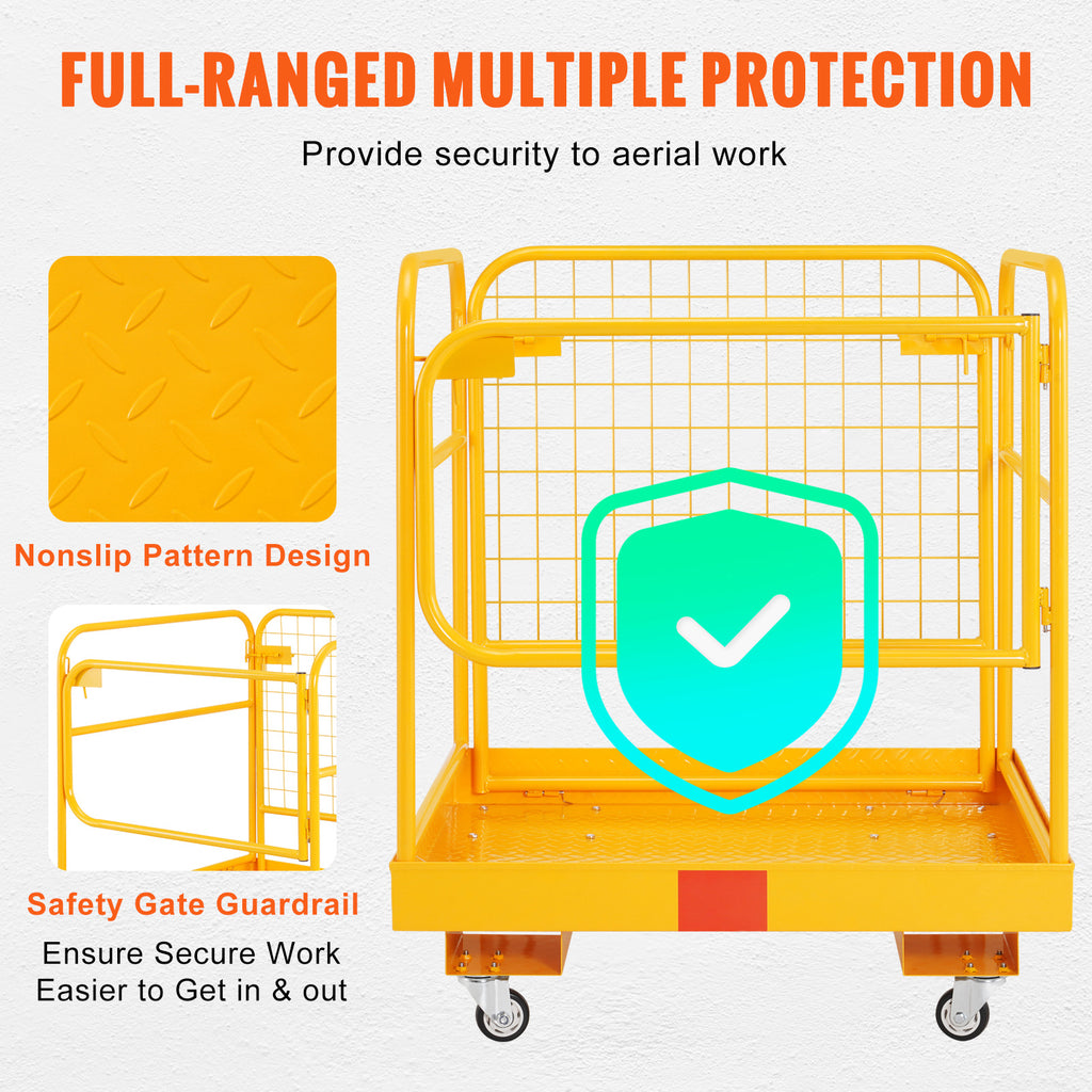 VEVOR Forklift Safety Cage, 1200 Lbs Load Capacity, 36 X 36 Inches Folding Forklift Work Platform With Lockable Swivel Wheels, Drain Hole & Device Chain, Holds 1 To 2 Adults, Perfect For Aerial Work